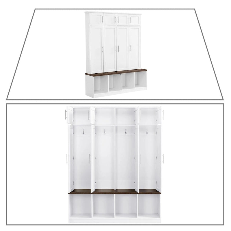 Meuble d'entrée haut en bois noir et blanc avec 8 casiers, 4 compartiments ouverts et un banc intégré