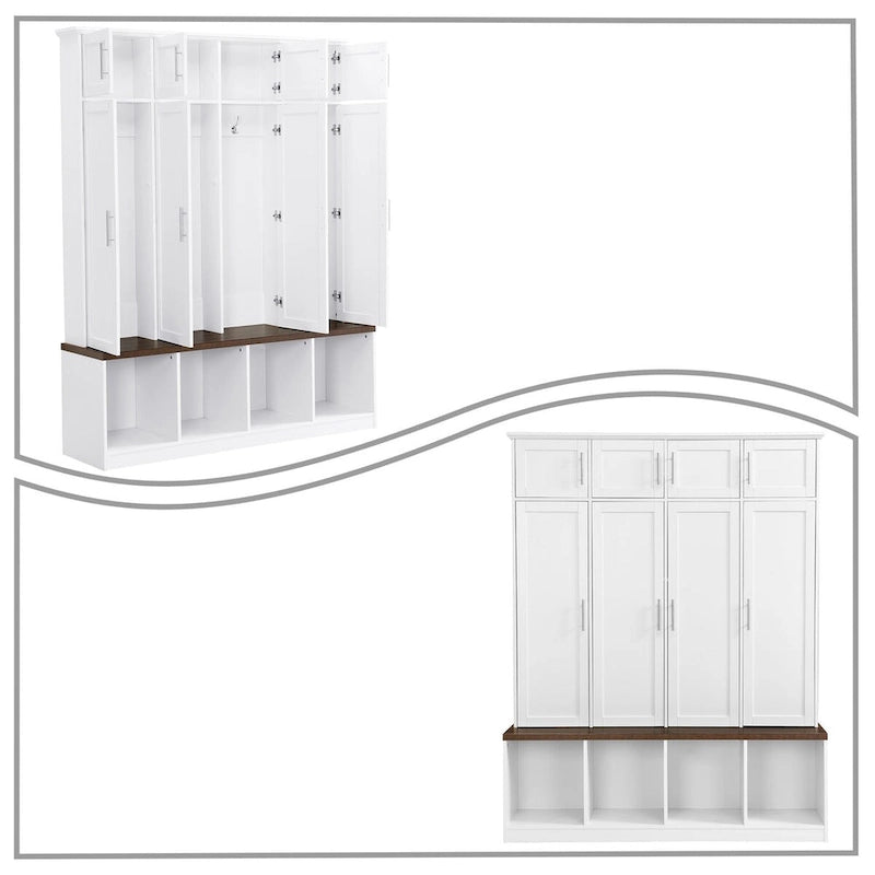 Meuble d'entrée haut en bois noir et blanc avec 8 casiers, 4 compartiments ouverts et un banc intégré