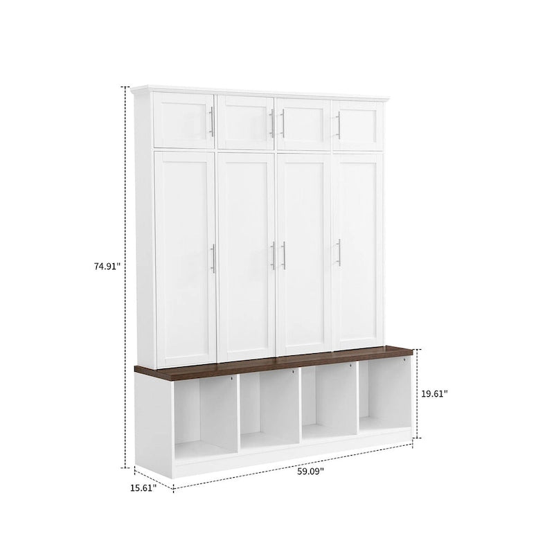 Meuble d'entrée haut en bois noir et blanc avec 8 casiers, 4 compartiments ouverts et un banc intégré