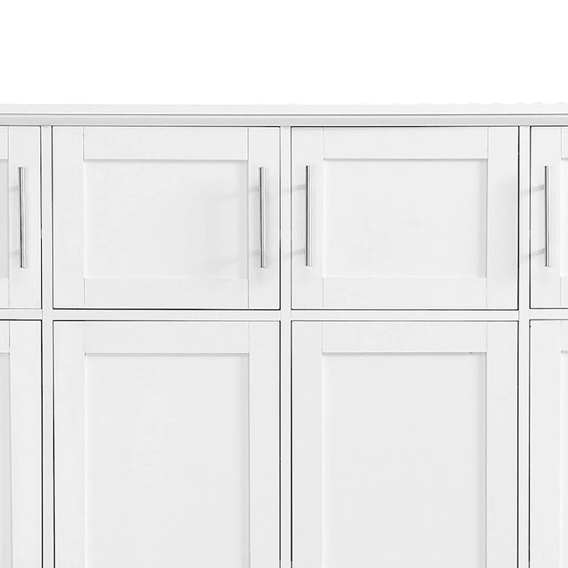 Meuble d'entrée haut en bois noir et blanc avec 8 casiers, 4 compartiments ouverts et un banc intégré