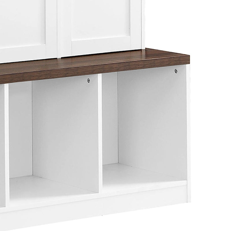 Meuble d'entrée haut en bois noir et blanc avec 8 casiers, 4 compartiments ouverts et un banc intégré