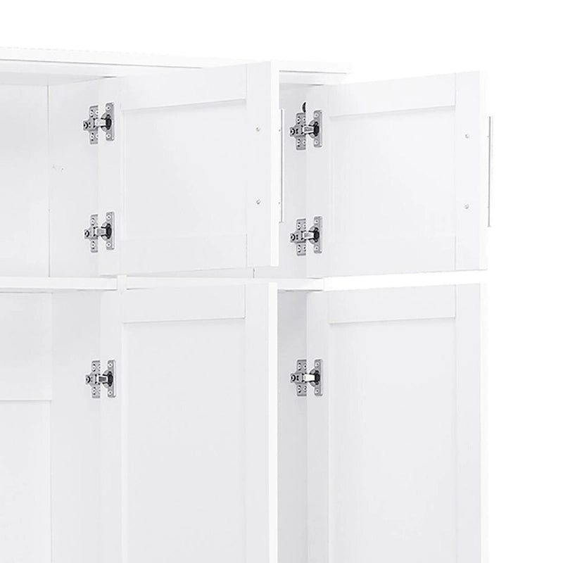 Meuble d'entrée haut en bois noir et blanc avec 8 casiers, 4 compartiments ouverts et un banc intégré