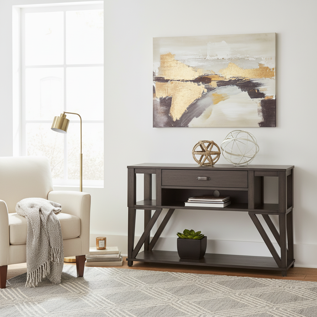 Table console de canapé de 48 pouces en chêne vieilli marron avec 4 étagères et 1 tiroir – Style de transition