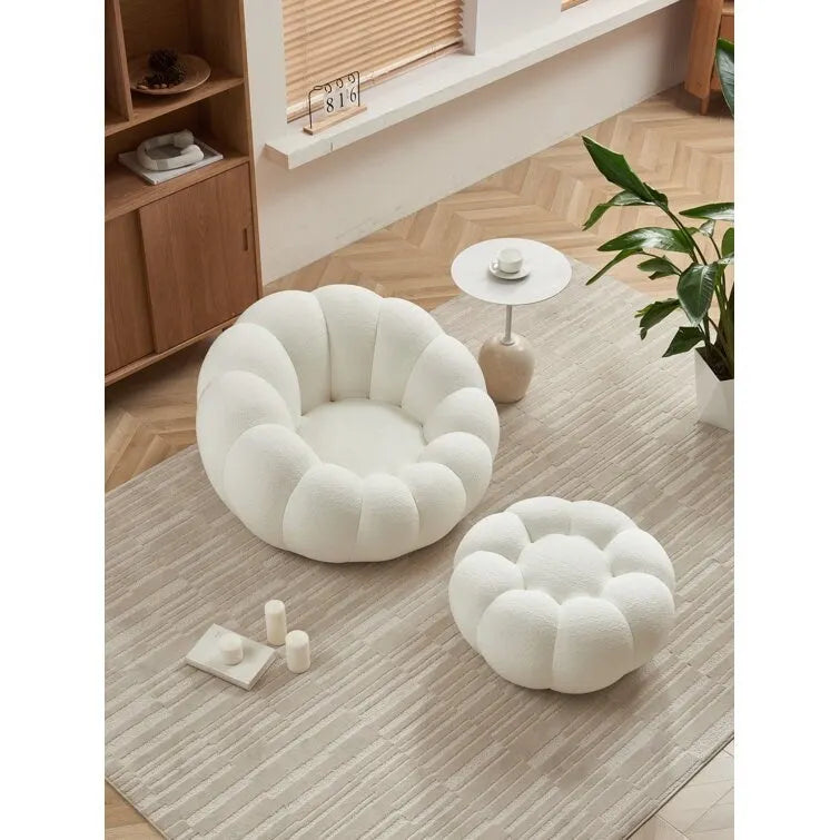 Fauteuil d'appoint rembourré en tissu 3D blanc à motif floral avec ottoman – 1 place