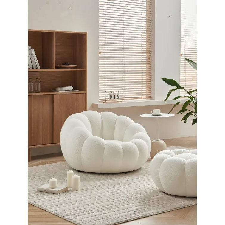 Fauteuil d'appoint rembourré en tissu 3D blanc à motif floral avec ottoman – 1 place