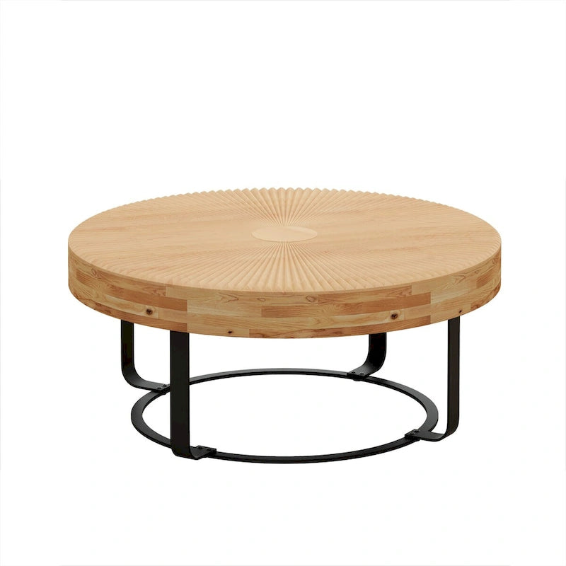 Table basse ronde sculptée en pin naturel et noir avec pieds en métal noir