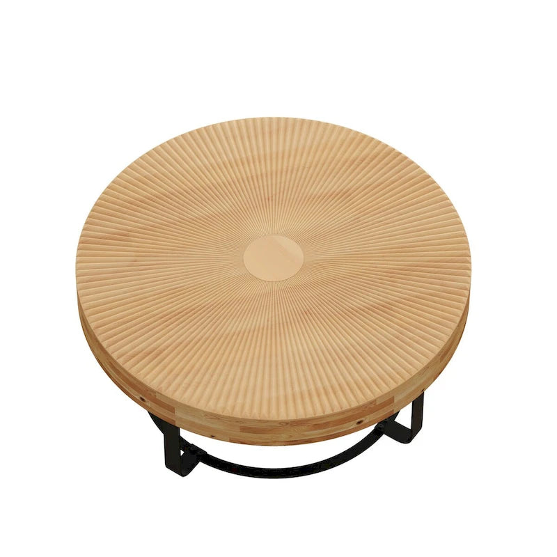 Table basse ronde sculptée en pin naturel et noir avec pieds en métal noir