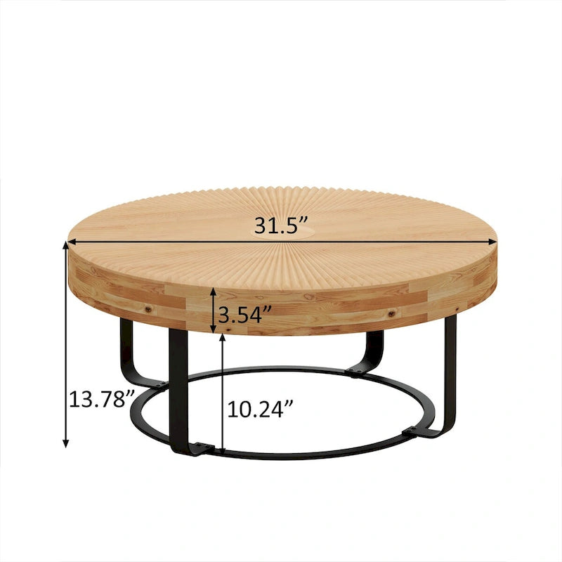 Table basse ronde sculptée en pin naturel et noir avec pieds en métal noir