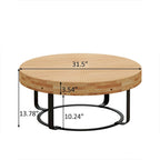 Table basse ronde sculptée en pin naturel et noir avec pieds en métal noir