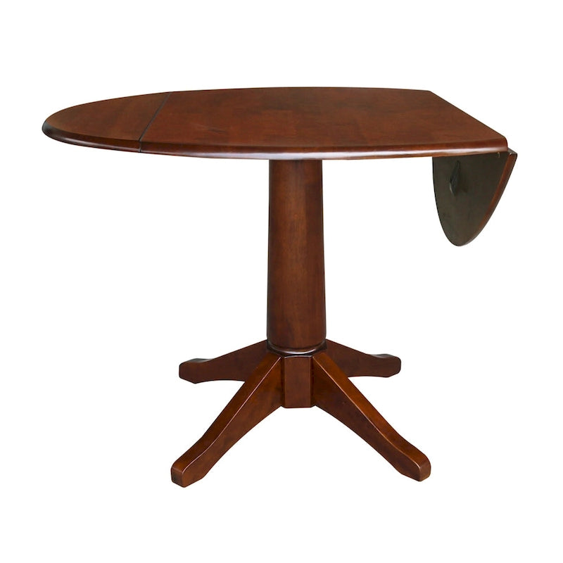 Table ronde à double abattant en bois massif espresso avec plateau en bois de bout et piedestal – 4 places – 3 options de hauteur