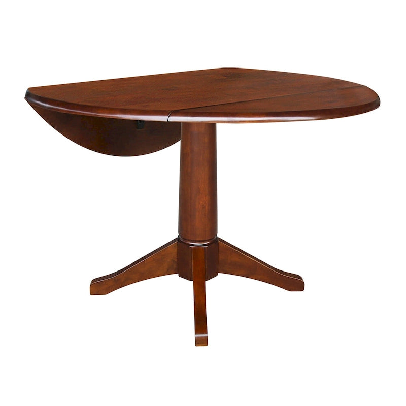 Table ronde à double abattant en bois massif espresso avec plateau en bois de bout et piedestal – 4 places – 3 options de hauteur