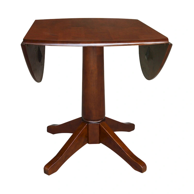 Table ronde à double abattant en bois massif espresso avec plateau en bois de bout et piedestal – 4 places – 3 options de hauteur