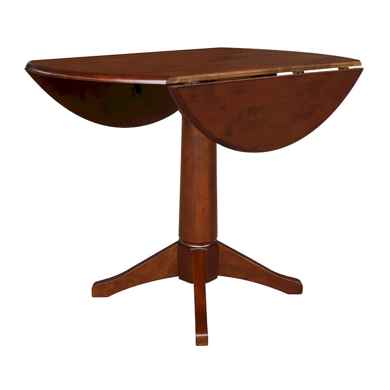 Table ronde à double abattant en bois massif espresso avec plateau en bois de bout et piedestal – 4 places – 3 options de hauteur