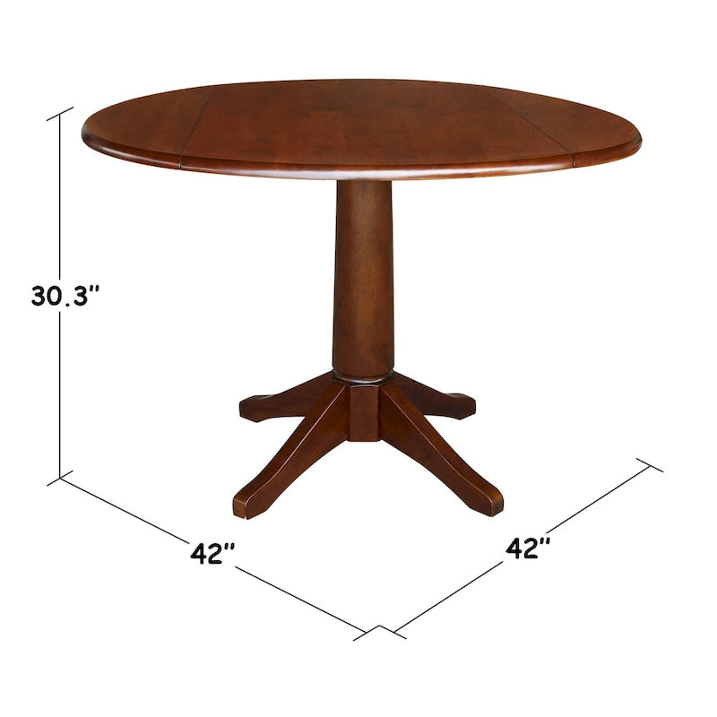 Table ronde à double abattant en bois massif espresso avec plateau en bois de bout et piedestal – 4 places – 3 options de hauteur