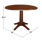 Table ronde à double abattant en bois massif espresso avec plateau en bois de bout et piedestal – 4 places – 3 options de hauteur