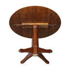 Table ronde à double abattant en bois massif espresso avec plateau en bois de bout et piedestal – 4 places – 3 options de hauteur