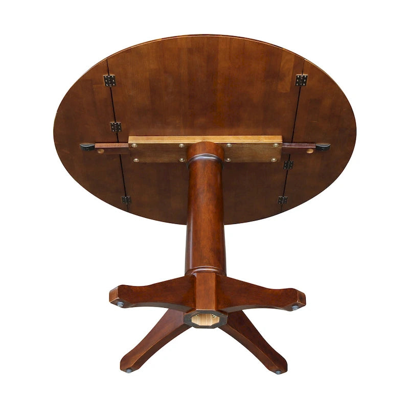 Table ronde à double abattant en bois massif espresso avec plateau en bois de bout et piedestal – 4 places – 3 options de hauteur
