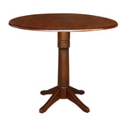 Table ronde à double abattant en bois massif espresso avec plateau en bois de bout et piedestal – 4 places – 3 options de hauteur