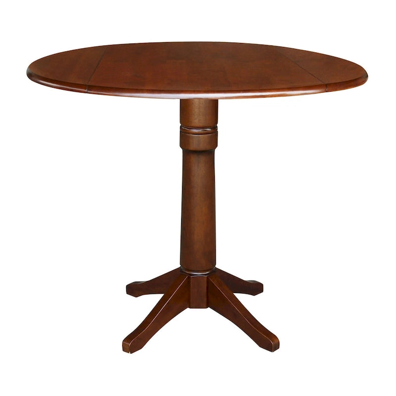 Table ronde à double abattant en bois massif espresso avec plateau en bois de bout et piedestal – 4 places – 3 options de hauteur