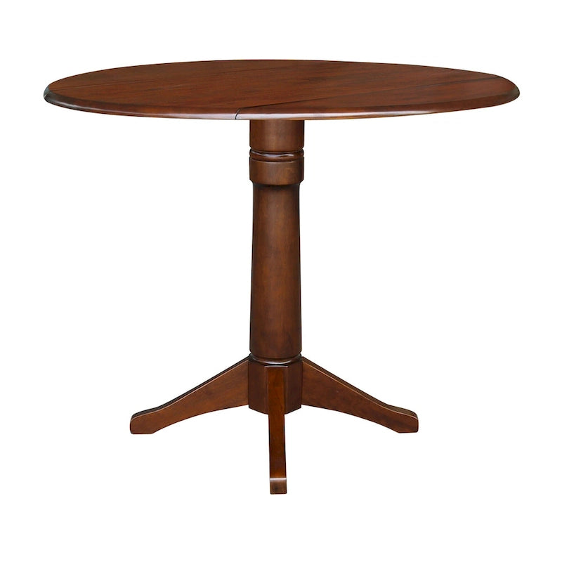 Table ronde à double abattant en bois massif espresso avec plateau en bois de bout et piedestal – 4 places – 3 options de hauteur