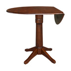 Table ronde à double abattant en bois massif espresso avec plateau en bois de bout et piedestal – 4 places – 3 options de hauteur