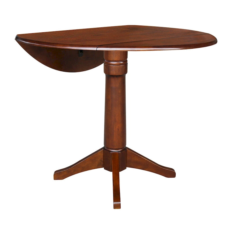 Table ronde à double abattant en bois massif espresso avec plateau en bois de bout et piedestal – 4 places – 3 options de hauteur