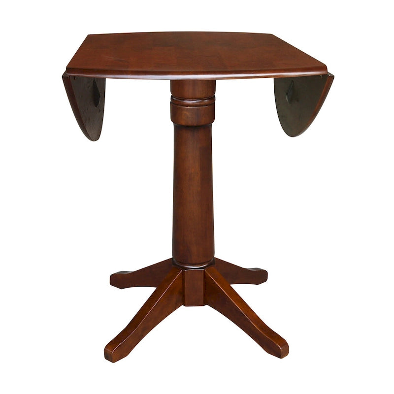 Table ronde à double abattant en bois massif espresso avec plateau en bois de bout et piedestal – 4 places – 3 options de hauteur