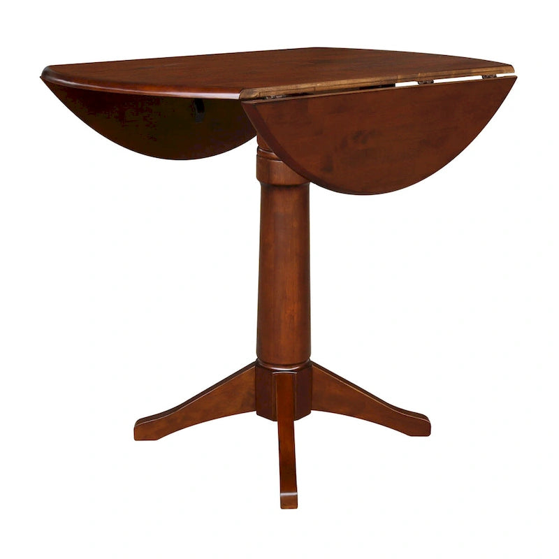 Table ronde à double abattant en bois massif espresso avec plateau en bois de bout et piedestal – 4 places – 3 options de hauteur