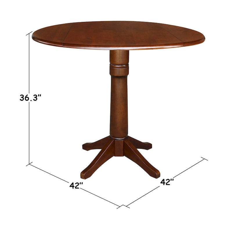 Table ronde à double abattant en bois massif espresso avec plateau en bois de bout et piedestal – 4 places – 3 options de hauteur