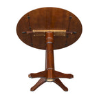 Table ronde à double abattant en bois massif espresso avec plateau en bois de bout et piedestal – 4 places – 3 options de hauteur
