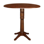 Table ronde à double abattant en bois massif espresso avec plateau en bois de bout et piedestal – 4 places – 3 options de hauteur
