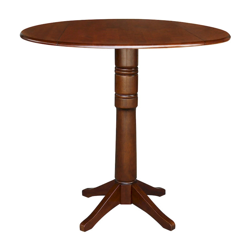 Table ronde à double abattant en bois massif espresso avec plateau en bois de bout et piedestal – 4 places – 3 options de hauteur