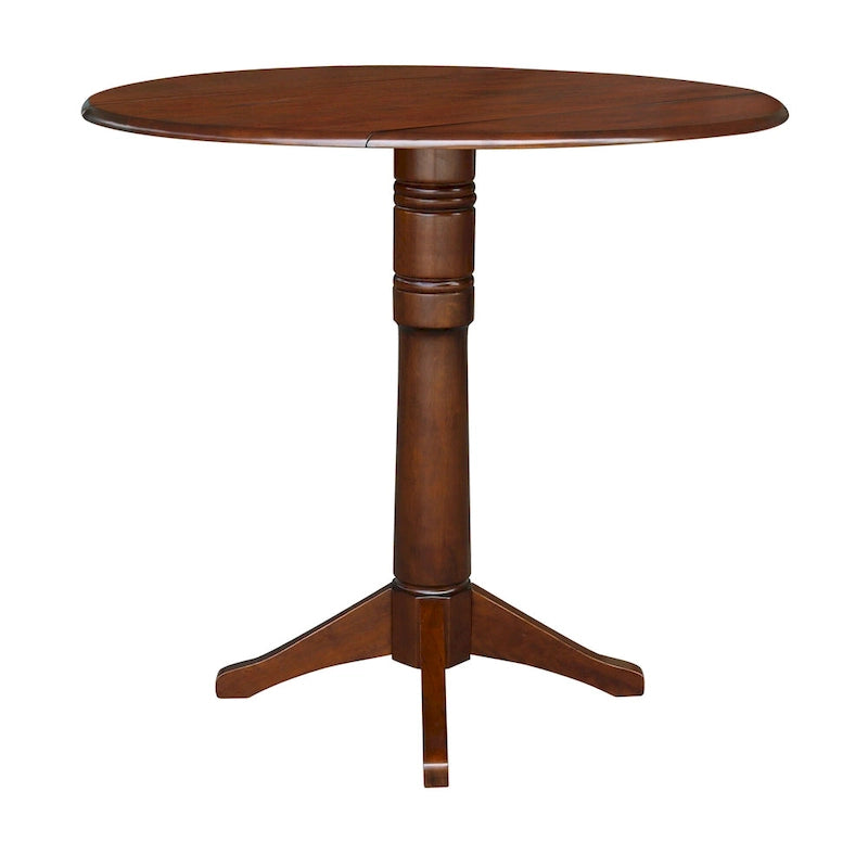 Table ronde à double abattant en bois massif espresso avec plateau en bois de bout et piedestal – 4 places – 3 options de hauteur