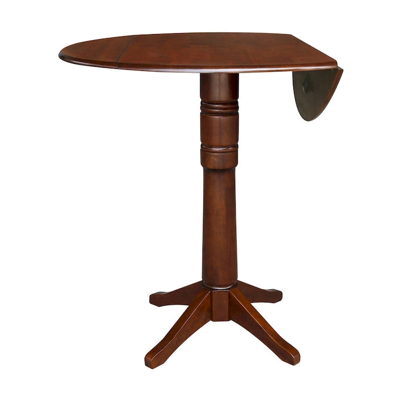 Table ronde à double abattant en bois massif espresso avec plateau en bois de bout et piedestal – 4 places – 3 options de hauteur