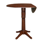 Table ronde à double abattant en bois massif espresso avec plateau en bois de bout et piedestal – 4 places – 3 options de hauteur