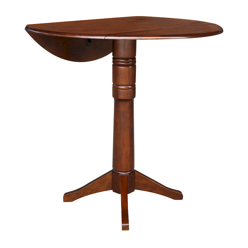Table ronde à double abattant en bois massif espresso avec plateau en bois de bout et piedestal – 4 places – 3 options de hauteur