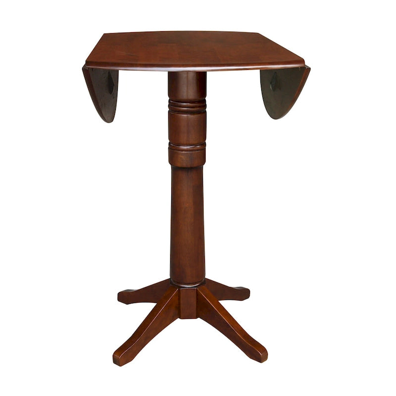 Table ronde à double abattant en bois massif espresso avec plateau en bois de bout et piedestal – 4 places – 3 options de hauteur