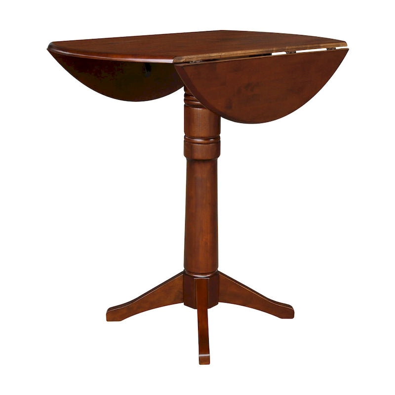 Table ronde à double abattant en bois massif espresso avec plateau en bois de bout et piedestal – 4 places – 3 options de hauteur