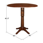 Table ronde à double abattant en bois massif espresso avec plateau en bois de bout et piedestal – 4 places – 3 options de hauteur