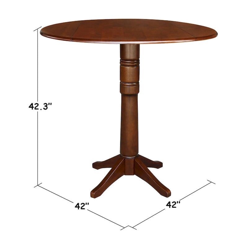 Table ronde à double abattant en bois massif espresso avec plateau en bois de bout et piedestal – 4 places – 3 options de hauteur