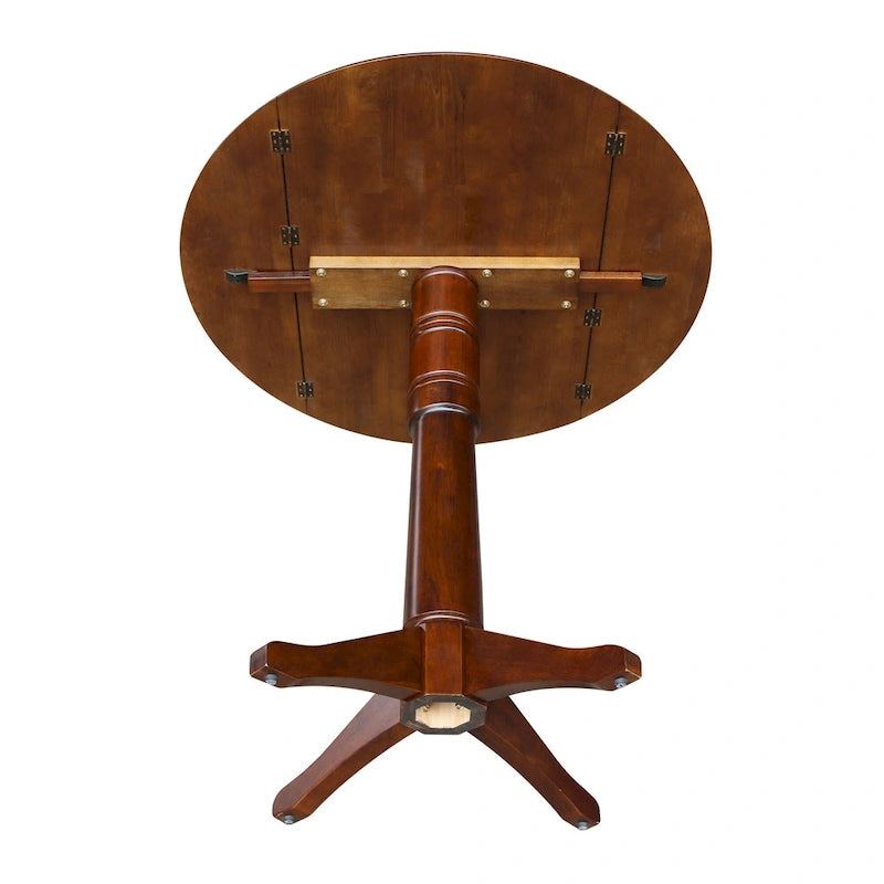 Table ronde à double abattant en bois massif espresso avec plateau en bois de bout et piedestal – 4 places – 3 options de hauteur