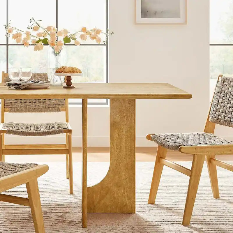 Table à manger rectangulaire en bois de manguier massif chêne/noyer avec double piétement arqué – 6 à 8 places