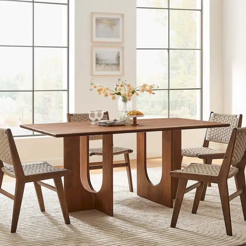 Table à manger rectangulaire en bois de manguier massif chêne/noyer avec double piétement arqué – 6 à 8 places