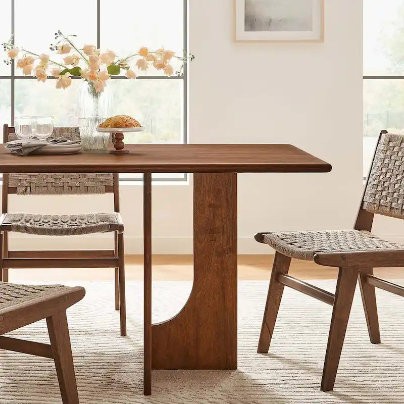 Table à manger rectangulaire en bois de manguier massif chêne/noyer avec double piétement arqué – 6 à 8 places
