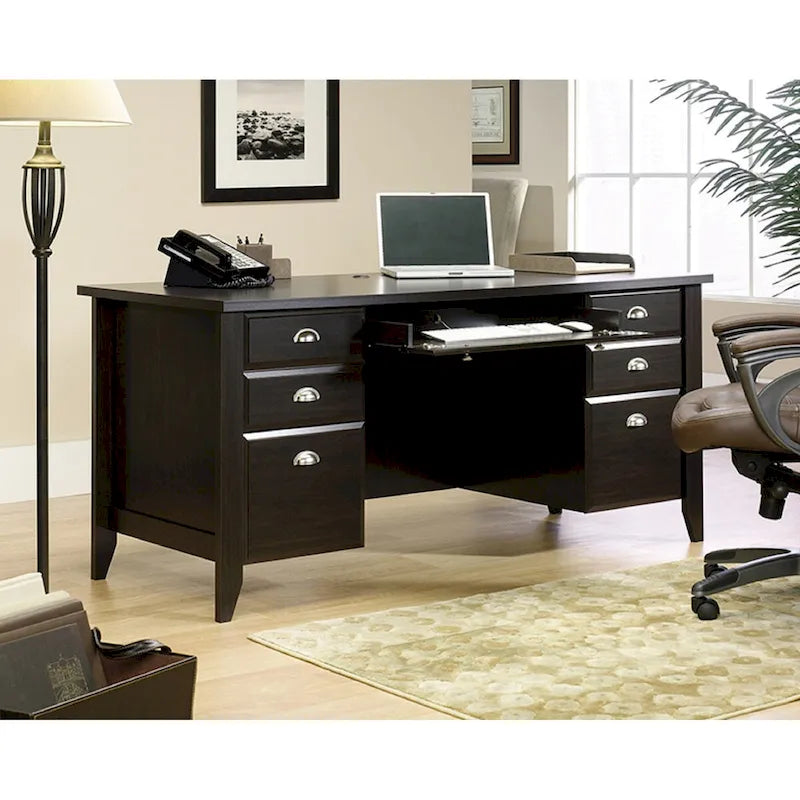 Bureau de direction en bois finition Jamocha avec plateau de clavier rabattable, 4 tiroirs et passe-câbles – 1 personne