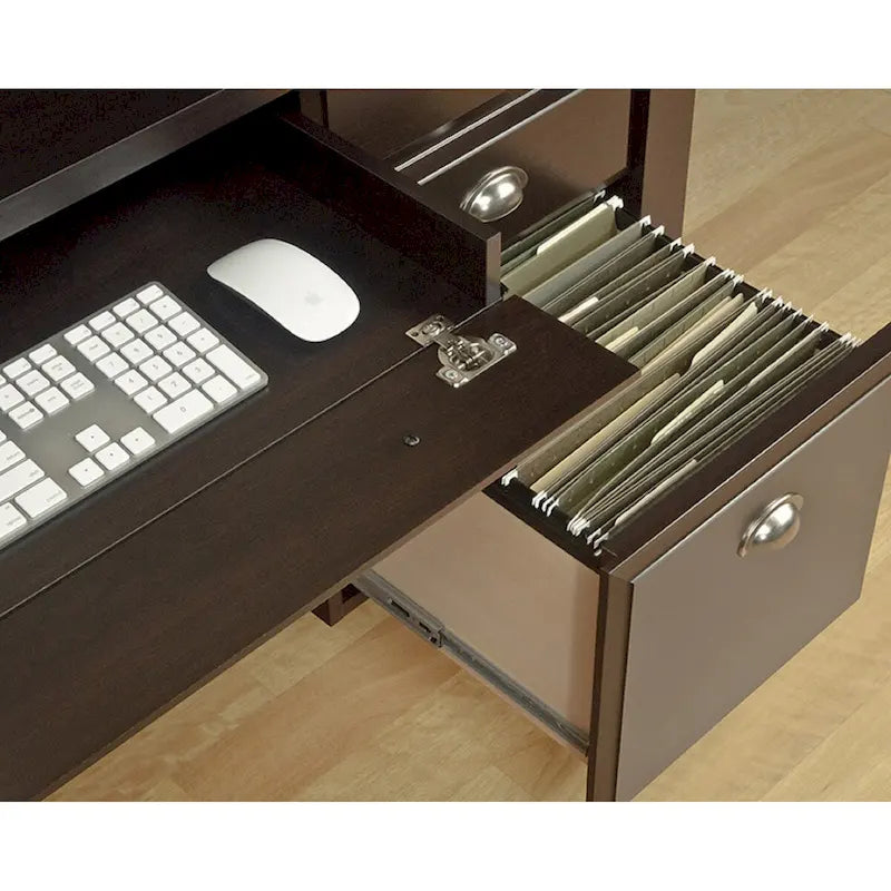 Bureau de direction en bois finition Jamocha avec plateau de clavier rabattable, 4 tiroirs et passe-câbles – 1 personne