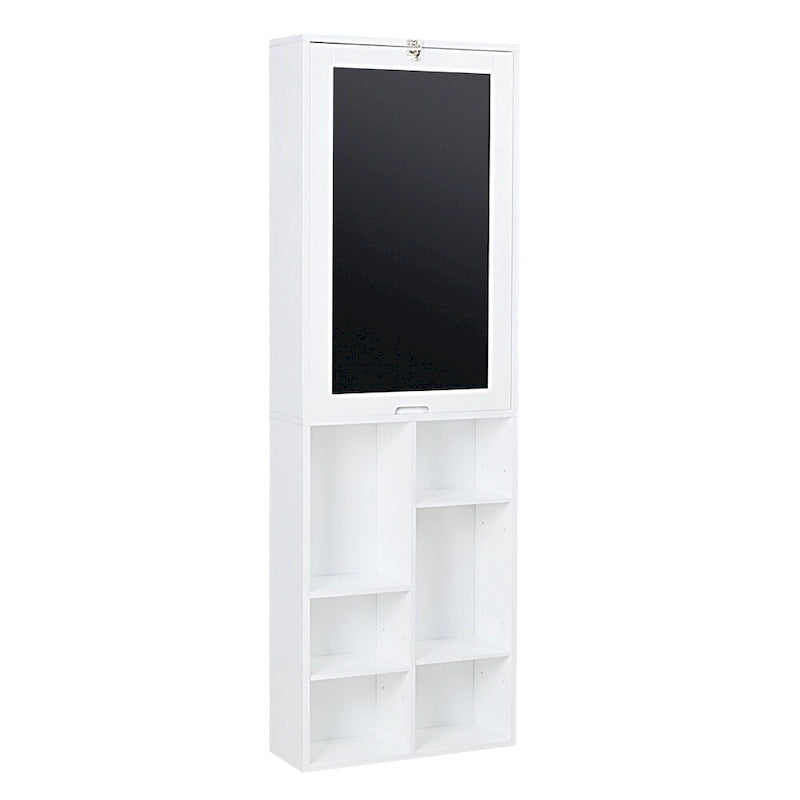 Bureau mural rabattable en MDF stratifié blanc avec façade tableau noir, armoire de rangement et étagères inférieures – 1 personne