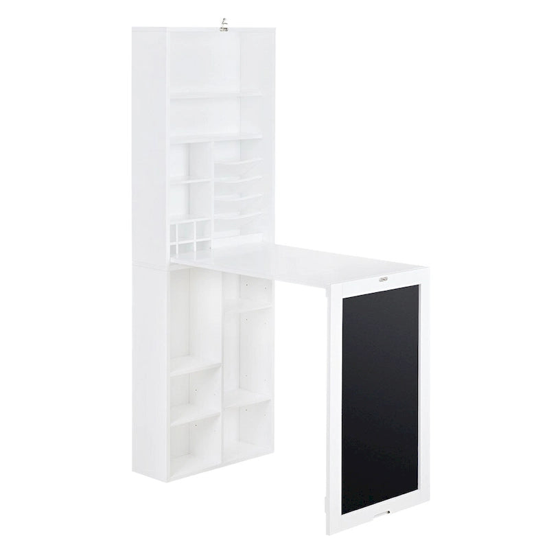 Bureau mural rabattable en MDF stratifié blanc avec façade tableau noir, armoire de rangement et étagères inférieures – 1 personne