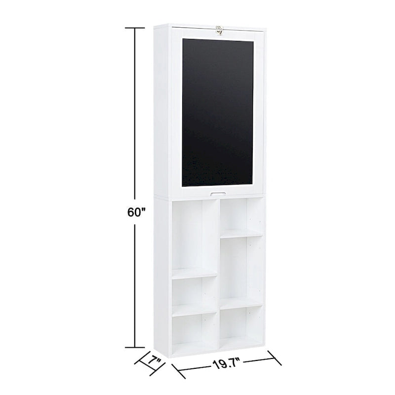 Bureau mural rabattable en MDF stratifié blanc avec façade tableau noir, armoire de rangement et étagères inférieures – 1 personne