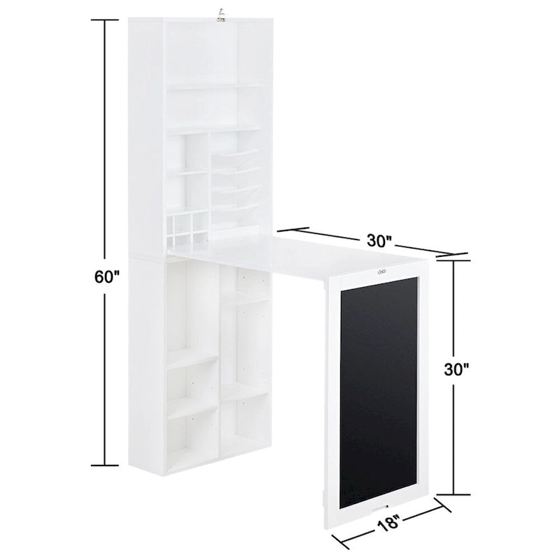 Bureau mural rabattable en MDF stratifié blanc avec façade tableau noir, armoire de rangement et étagères inférieures – 1 personne